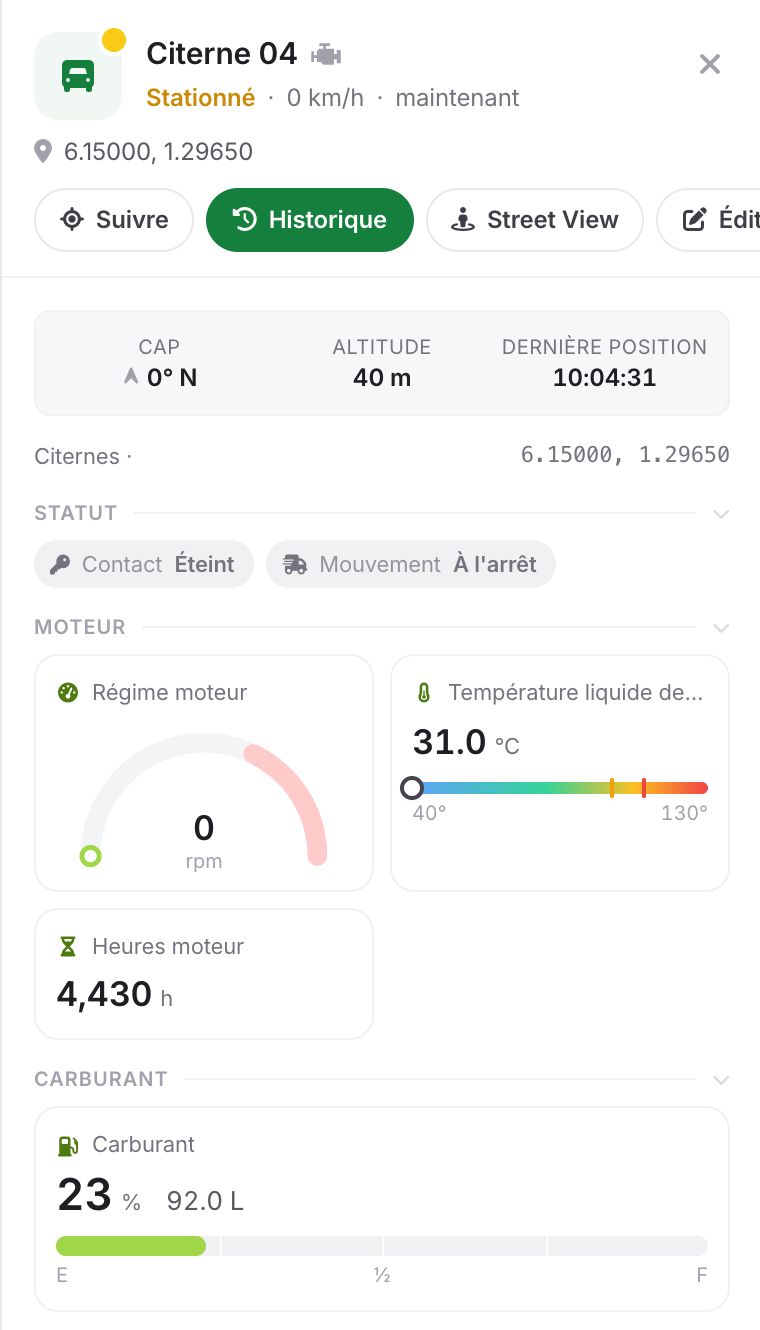 Niveau de carburant, régime moteur et tension d’un camion-citerne