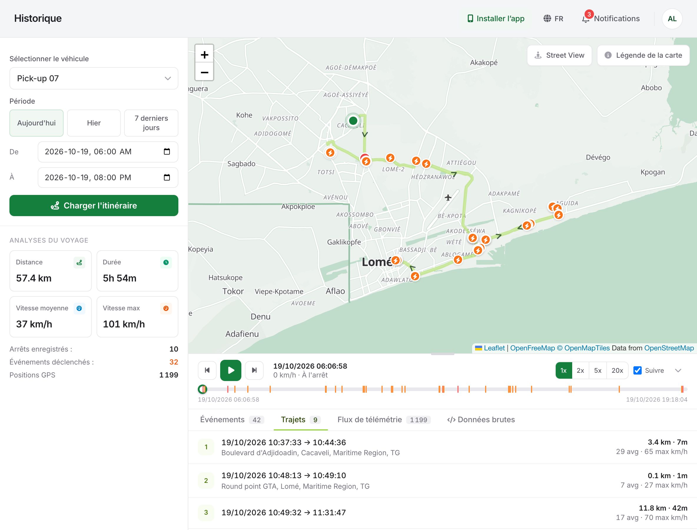 L’historique d’un véhicule : trajet sur la carte, analyse du voyage et liste des trajets