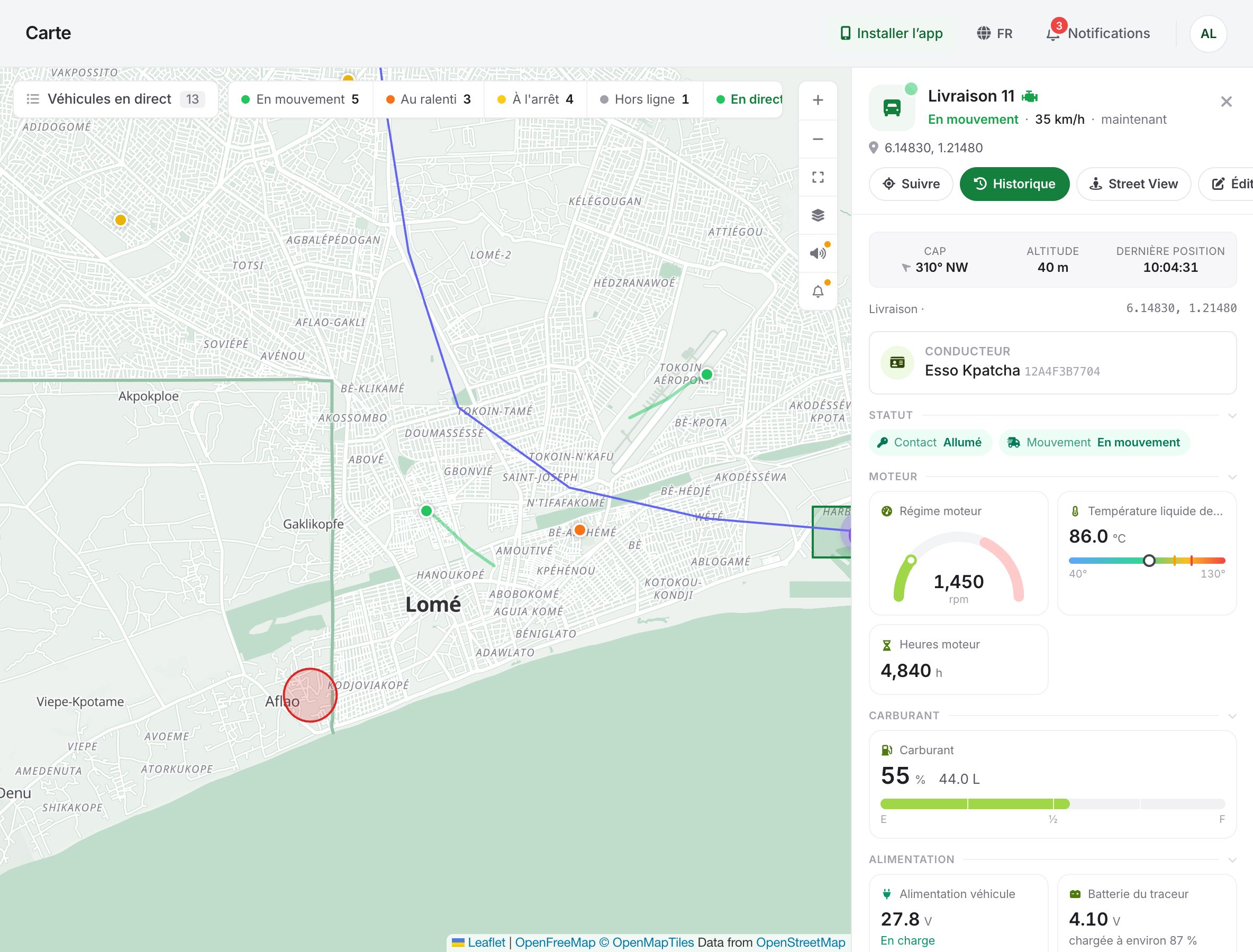 Fiche d’un véhicule en direct : statut, conducteur, moteur et carburant