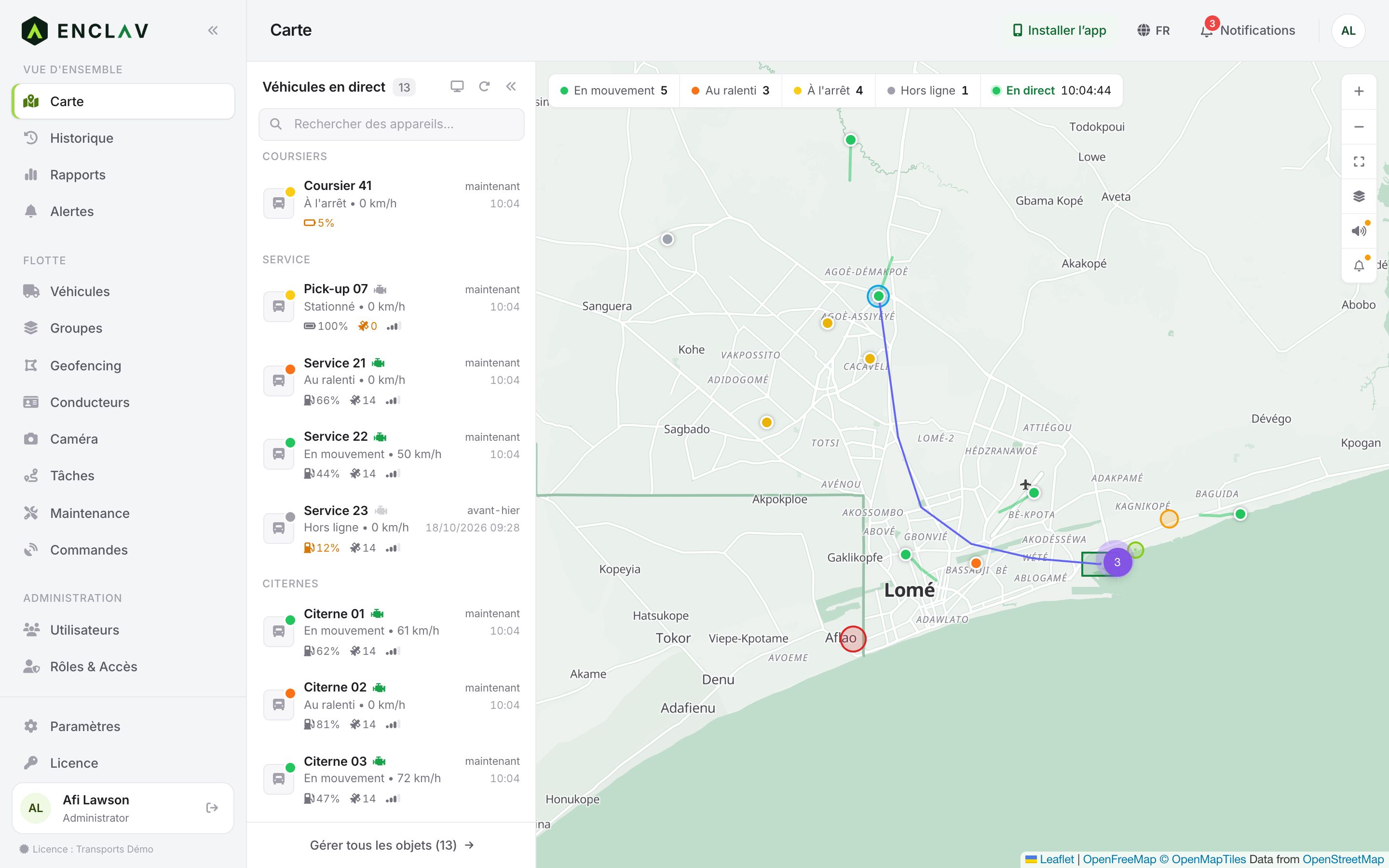 La carte en direct d’Enclav : véhicules en mouvement, au ralenti et à l’arrêt sur la carte de Lomé